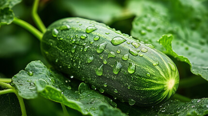 Świeży ogórek z kroplami wody, wkomponowany w zielone liście, symbolizujący naturalną świeżość i organiczne ogrodnictwo. © Sawyer0