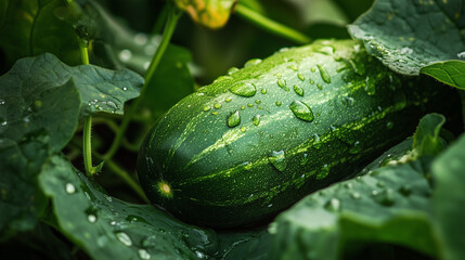 Obraz premium Świeży ogórek z kroplami wody, wkomponowany w zielone liście, symbolizujący naturalną świeżość i organiczne ogrodnictwo.