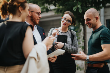 A group of professionals engaging in a lively business meeting and discussion outdoors. They are...