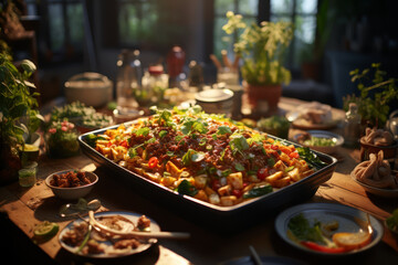Obraz premium A shared meal with family and friends, fostering bonds and creating cherished memories. Concept of togetherness. Generative Ai.