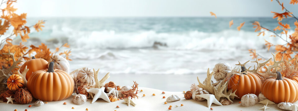 Autumn pumpkins, seashells, and starfish arranged on a sandy beach with ocean waves in the background, blending fall elements with a coastal setting.