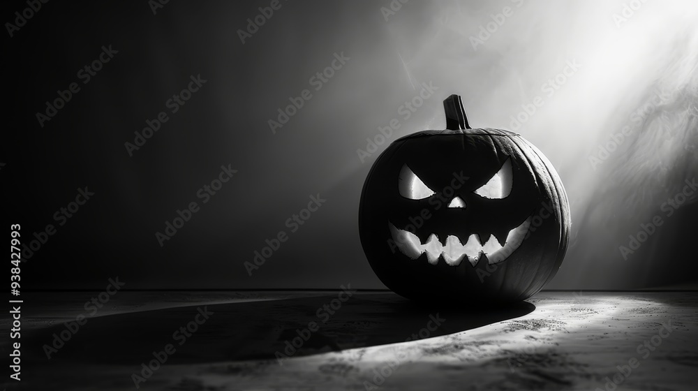 Canvas Prints A black and white photograph of a carved pumpkin, illuminated from within, creating a sinister and spooky atmosphere. The pumpkin is placed in front of a dark background and shrouded in mist. It symbo