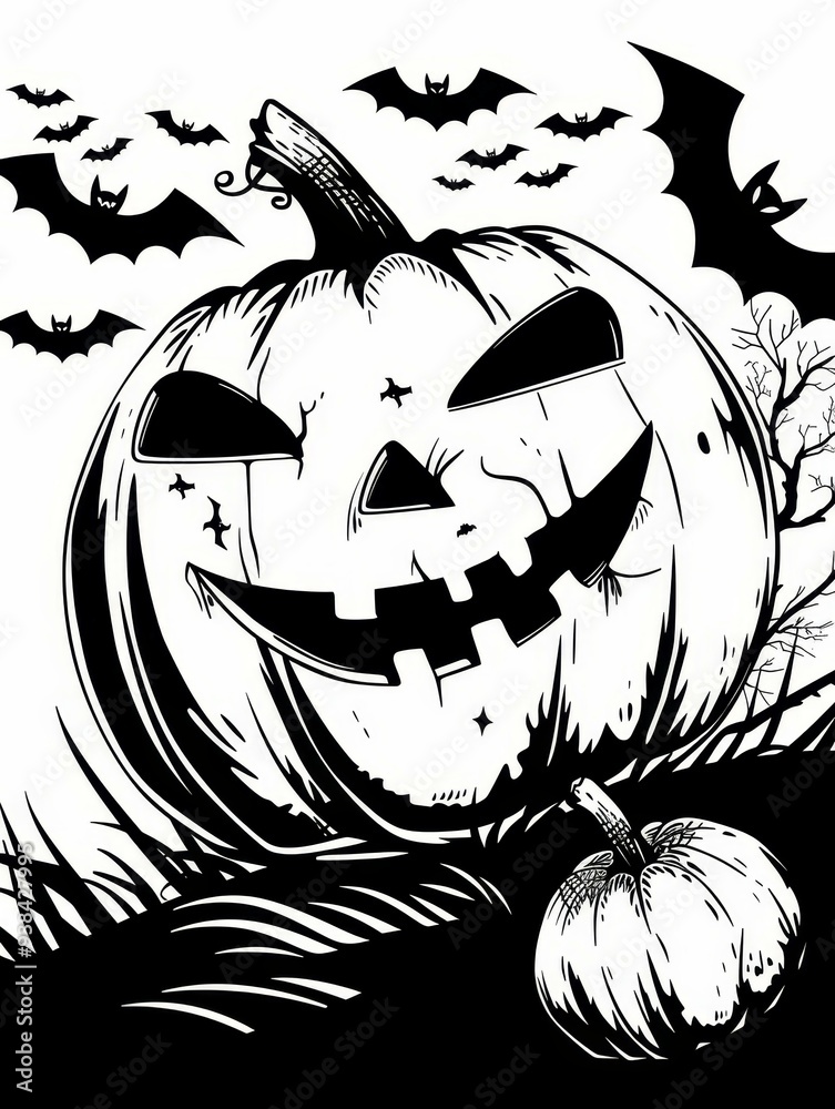 Poster A black and white illustration of a spooky Halloween pumpkin with a carved face and bats flying around it. The pumpkin is in the foreground and the bats are in the background. The image symbolizes Hal