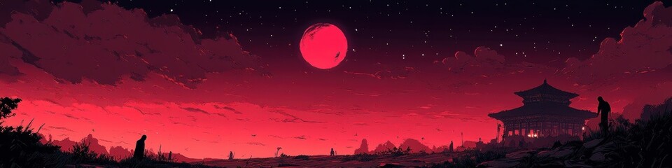 Enchanting Full Moon over Japanese Temple in Vibrant Red Sky with Dramatic Clouds at Night - Serenity Meets Eerie Beauty