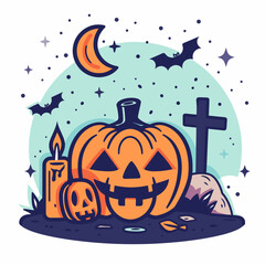 Halloween vector illustration with pumpkins, bats, candles, skull and cross.