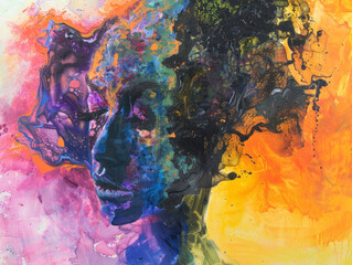 Negative on one side, merged with color on the other side, fused by a being of human form, oil media and digital media fused
