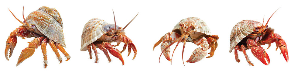 Colorful hermit crabs exploring their coastal habitat at dusk on Transparent Background.