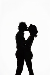 A silhouette of a couple kissing romantically in profile, the girl shorter, full body hight, white background
