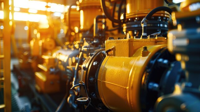 Component of a diesel engine for an electrical generator in a power facility, colored yellow.