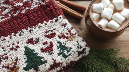 Fototapeta premium Cozy Christmas Sweater and Hot Cocoa with Marshmallows - A Festive Winter Scene