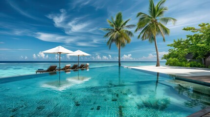 Obraz premium A clear blue infinity pool with loungers under white umbrellas overlooking a turquoise ocean with a white sand beach and palm trees.