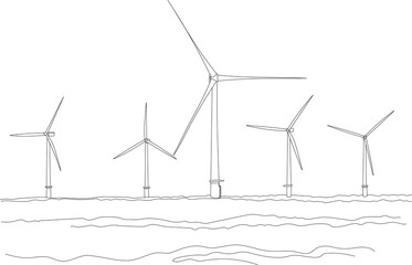 Wind farm turbines and windmill at the Sea in continuous line drawing. Green energy and renewable source of power concept in simple linear style.