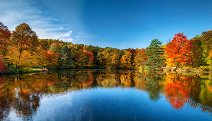 Fototapeta premium A tranquil forest pond surrounded by trees with multicolored autumn leaves, reflecting the vibrant canopy in the still water under a clear blue sky.