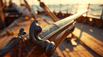 Vintage weapon and powder container on the deck of a classic wooden sailing ship