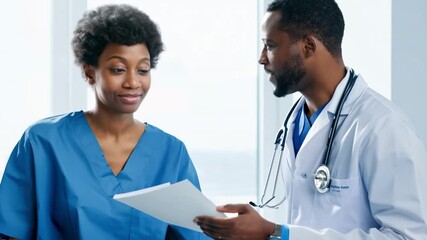 Medical professionals discussing over a document in a bright office.