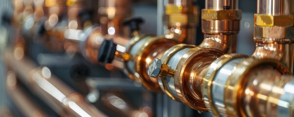Fototapeta premium Close-up of interconnecting copper pipes and valves