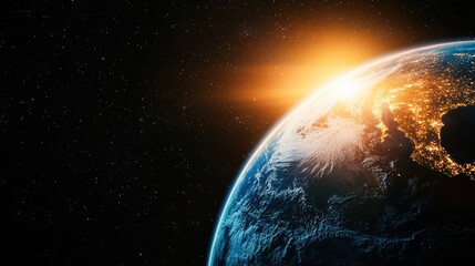 Realistic cosmic image of Earth rotating in space, with one half illuminated by the rising sun and the other half in darkness.