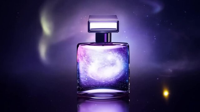 Stylish perfume bottle illuminated by a cosmic glow, set against a nebula backdrop, radiating luxury and elegance.