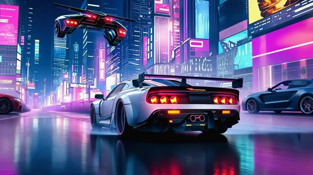 High-speed racing through futuristic neon city streets with advanced drones dodging traffic at sunset