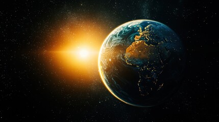 Obraz premium Realistic cosmic image of Earth rotating in space, with one half illuminated by the rising sun and the other half in darkness.