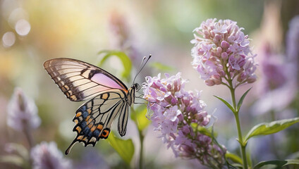 Fototapeta premium An elegant butterfly with delicate pink and black wings feeds on lilac flowers in a softly lit garden, showcasing a peaceful moment in nature.