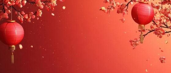 Two Red Chinese Lanterns Hanging from Branches with Pink Flowers and Falling Petals