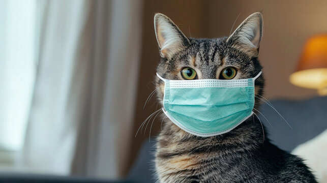 Cat wearing a breathable, hypoallergenic mask in a modern home, focusing on air quality safety for sensitive pets