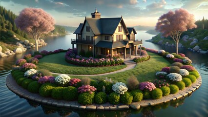Idyllic Lakeside Cottage on Flower-Covered Island, Serene Dream Home in Nature
