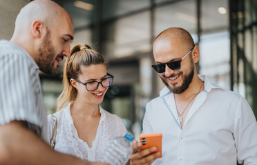 Businesspeople having an outdoor meeting in an urban downtown area, discussing ideas and collaborating using a smart phone