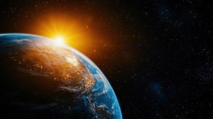 Fototapeta premium Realistic cosmic image of Earth rotating in space, with one half illuminated by the rising sun and the other half in darkness.