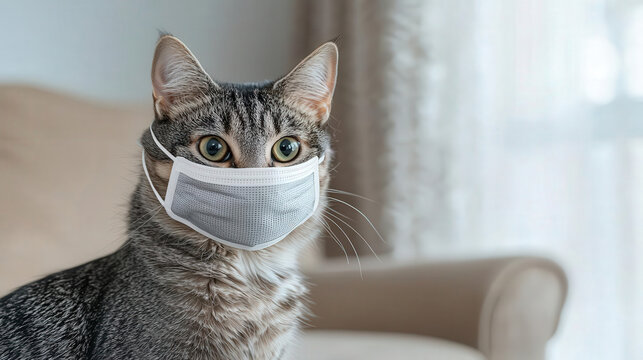 A cute striped cat wears a protective mask indoors, showcasing a unique perspective on pet care during health concerns.