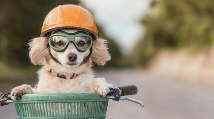 Small dog wearing a protective helmet and goggles while riding in a bicycle basket, showcasing outdoor adventure safety for pets