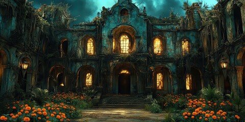 Illuminated Enchanted Ruin with Glowing Windows and Lush Gardens Under a Moonlit Sky in a Fantasy World