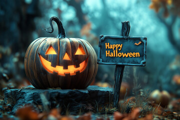 A carved Halloween pumpkin with a spooky face sits in front of a foggy, eerie background. Next to it, a wooden sign reads "Happy Halloween" in a creepy font, creating a chilling atmosphere.

