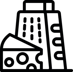 Line icon of a cheese grater, ready to be used to grate a big piece of cheese with holes