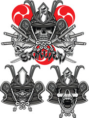 set, japanese, samurai helmet and skull, ,grunge vintage design t shirts