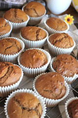 Fresh Baked Homemade Gingerbread Muffins with Buffalo Check and Sunflower Background