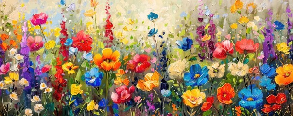 Lush garden full of vibrant wildflowers in sunlight