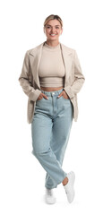 Fototapeta premium Beautiful woman in stylish jacket on white background