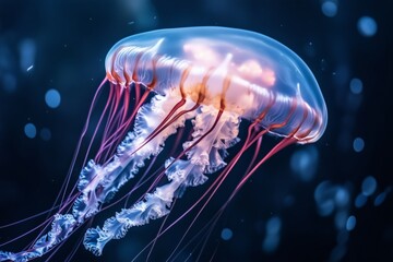 Naklejka premium Close-up of a jellyfish floating gracefully in the ocean. Jellyfish with a translucent body and soft colors in the depths of the ocean.