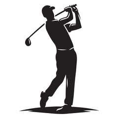 Black and white silhouette of a golf pro playing golf, Golf swing player pose vector silhouette black color