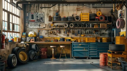 A messy garage workshop with tools and tires stacked on shelves, a workbench, and a fire extinguisher.