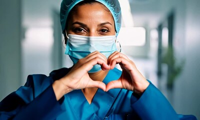 Smiling nurse wearing blue scrubs, mask, and cap, making a heart shape with her hands, symbolizing care, compassion, and appreciation in healthcare