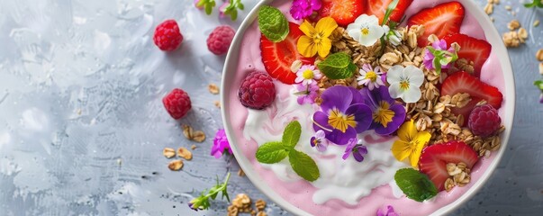 Naklejka premium Healthy smoothie bowls topped with fresh berries, flowers