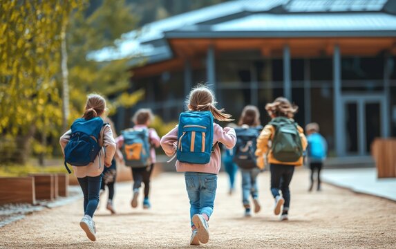A group of children with backpacks running towards the school building