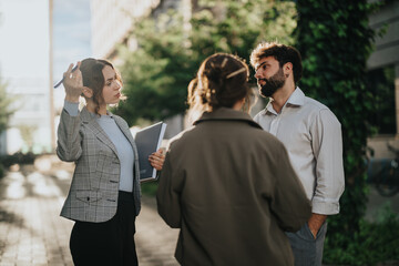 Fototapeta premium Young business associates discussing a new project, brainstorming ideas and strategies during a meeting in an urban city setting on a sunny day.