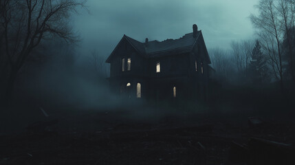 An old, abandoned house stands in darkness with broken windows. Fog drifts around, creating an eerie silhouette and enhancing the ghostly effect.