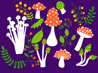 Cartoon autumn harvest set Halloween mushrooms pattern