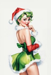 Vintage-Style Watercolor Pin-Up: Green-Haired Model with Flirty Expression, Back View with Face Turned Towards Viewer, Touching Lips, on White Background