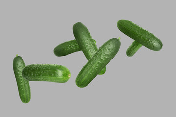 Whole ripe cucumbers flying on grey background
